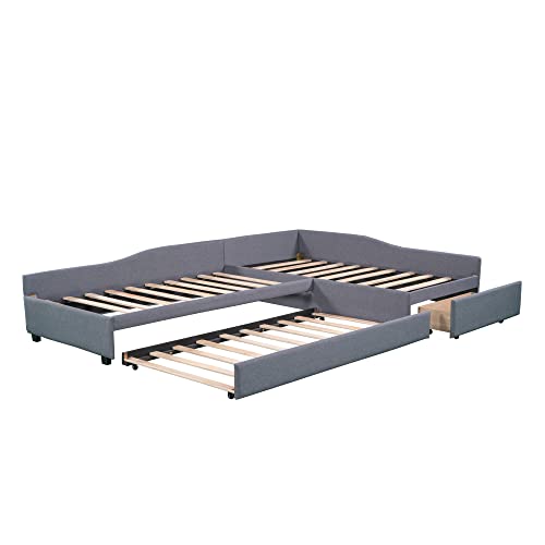 L Shaped, Upholstered Double Size Daybed with Trundle and Storage Drawer, Upholstery Platform Bedframe 3 in 1 Wood Beds Frame for Boys and Girls, No Box Spring Needed, Twin/Twin, A-Gray oo