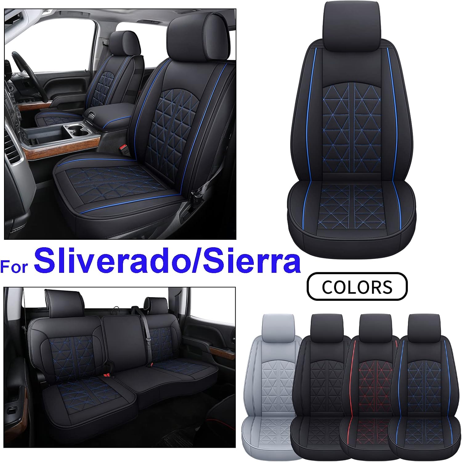INCH EMPIRE Car Seat Cover Custom Fit for GMC Sierra 1500 2500 3500 2007-2021 Chevy Silverado 1500 2500 3500 Crew Extended Double Cab Pickup Synthetic Leather Protector (Black&Red Full Set)