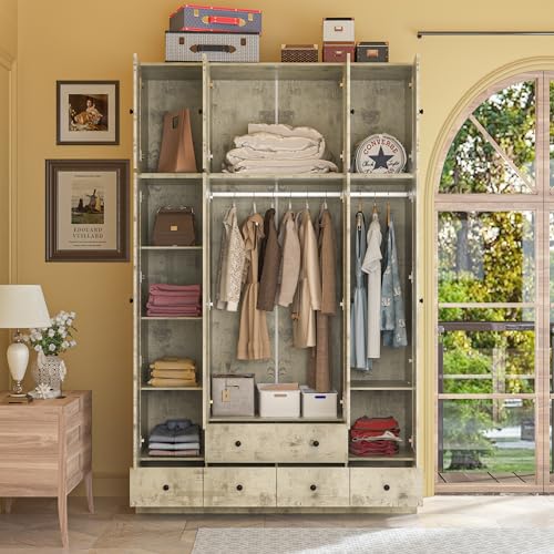 ECACAD Extra Tall Wardrobe Armoire with Top Cabinet, 10 Shelves, 4 Drawers, Hanging Rod & 8 Louver Doors, Wooden Closet Storage Cabinet for Bedroom, Light Brown (59”W x 19”D x 94.5”H)