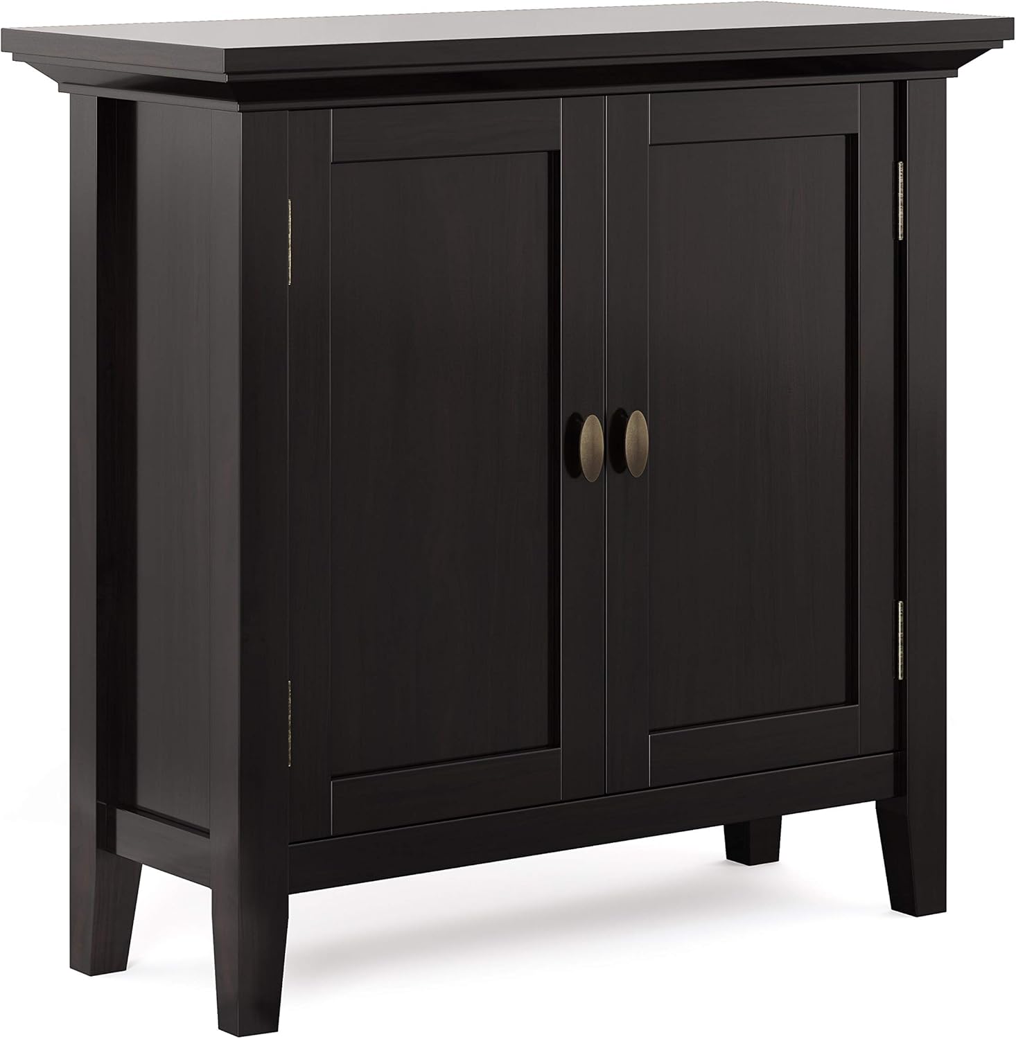SIMPLIHOME Redmond SOLID WOOD 32 inch Wide Transitional Low Storage Cabinet in Hickory Brown, with 2 Doors, 2 Adjustable Shelves