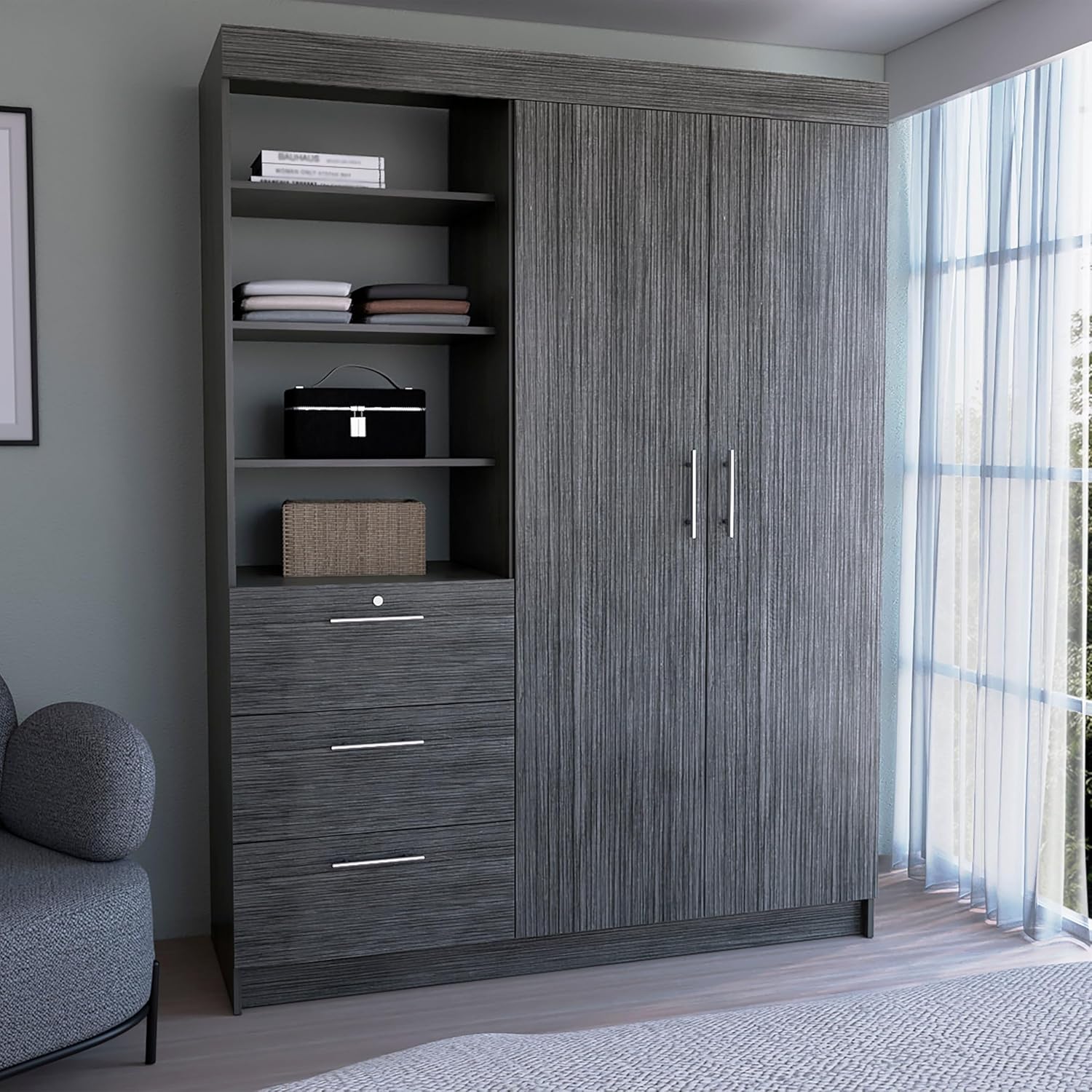 Armoire Wardrobe 2 Doors 3 Drawers, Clothes Cabinet with Shelves and Hanging Rod, Freestanding Wooden Closets Organization for Bedroom, 59″x20.5″x79″, Oak