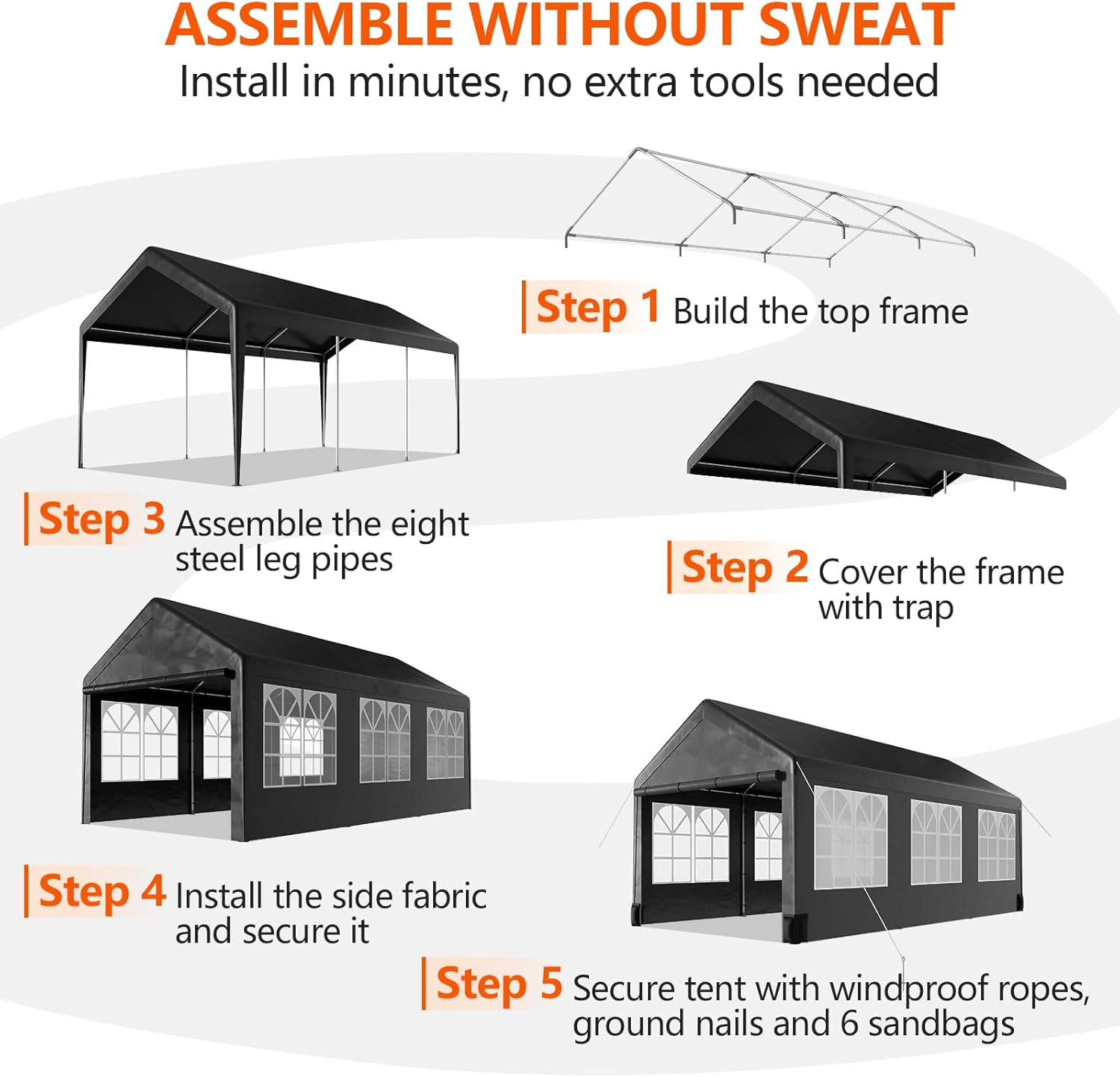 12 * 20 Heavy Duty Carport Canopy, Portable Car Tent Garage with 6 Roll-up Windows and All-Season Tarp Cover, Metal Roof & 4 Sandbags for Car, SUV, Truck & Boat, Black