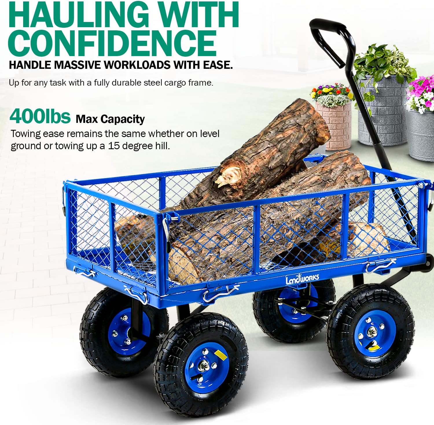 Landworks Lawn & Garden Utility Cart/Beach Wagon, All Terrain, w/Heavy Duty Removable Side Meshes, 400 lbs Cap, Blue