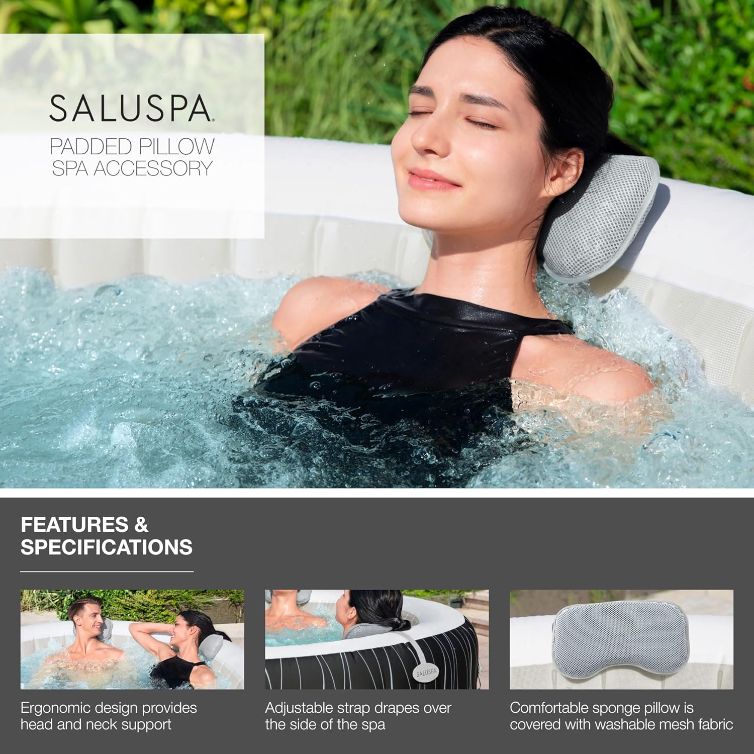 Coleman SaluSpa Ponderosa AirJet Inflatable Round Hot Tub with 2 Bestway SaluSpa Non-Slip Spa Seat and 2 Headrest Pillows with Adjustable Strap