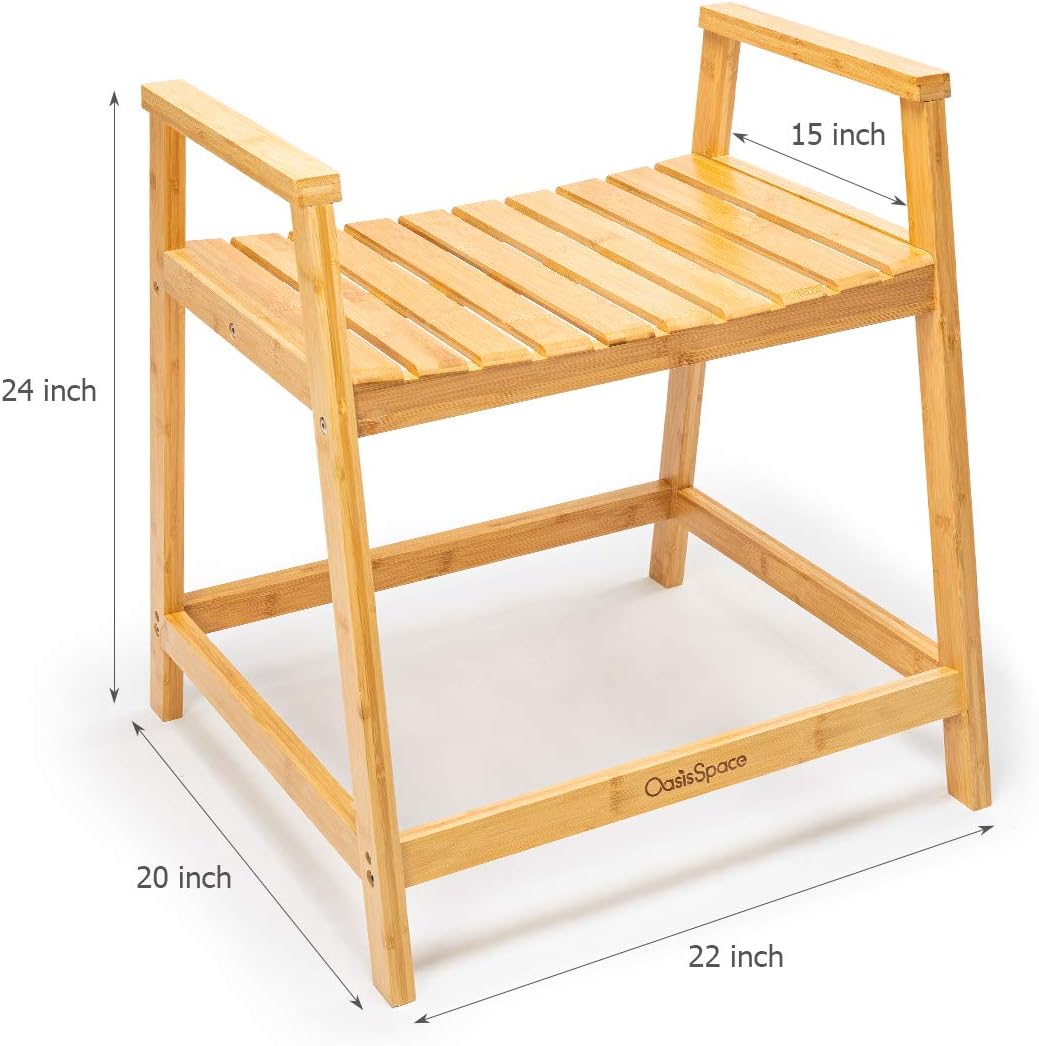 OasisSpace Bamboo Shower Bench - Waterproof Shower Chair Seat Stool with Arms, Wooden Spa Bath Organizer Seat, Perfect for Indoor or Outdoor