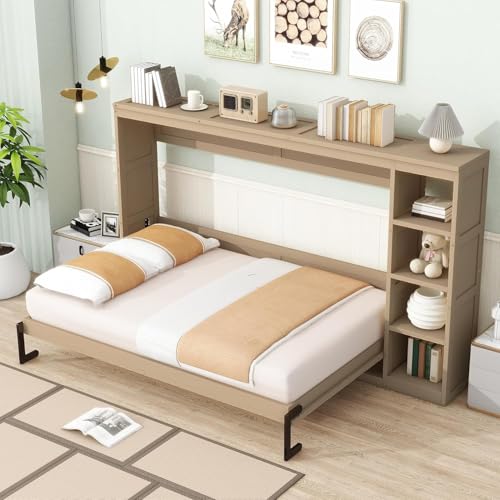 Full Murphy Bed with Storage Shelves,Wood Murphy Bed Cabinet with Storage Bookcase,Fold Up Bed Modern Murphy Wall Bed Full Size (White,Full)