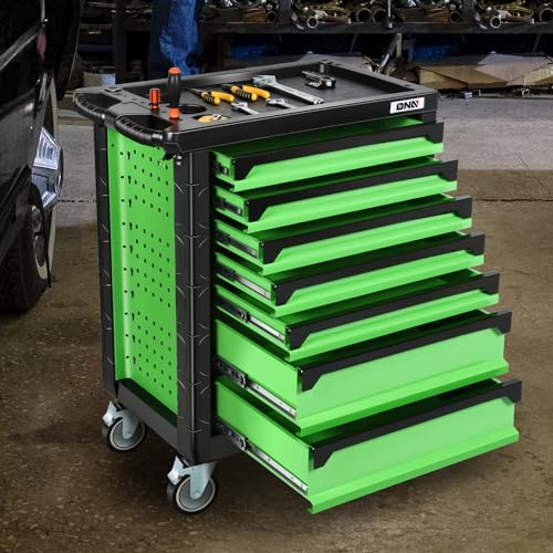 DNA MOTORING 7-Drawer Rolling Tool Cabinet Chest with Keyed Locking System Non-Slip Mat, for Garage Warehouse Workshop, Green, TOOLS-00399