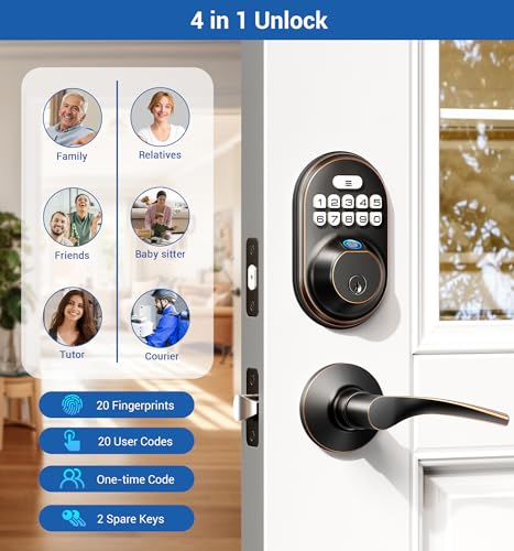 Veise Fingerprint Door Lock with 2 Lever Handles - Keyless Entry Door Lock, Keypad Door Lock with Handle, Electronic Deadbolt Front Door Lock Set, Auto Lock, Easy Installation, Oil Rubbed Bronze