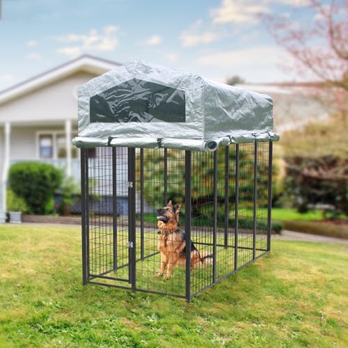 Outdoor Dog Kennel with roof, Large Dog Run Enclosure,Heavy Duty and Higher Outside Dog House with Anti-Rust Sidebar, Waterproof UV-Resistant Cover and Secure Lock (90" L x 90" W x 73" H)