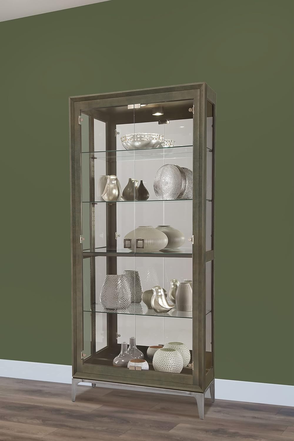 Howard Miller Sheena III Curio Cabinet 680-694 – Smoke Gray Finish, Vertical Home Decor, Four Adjustable Glass Shelves, Five Level Display, No Reach Light