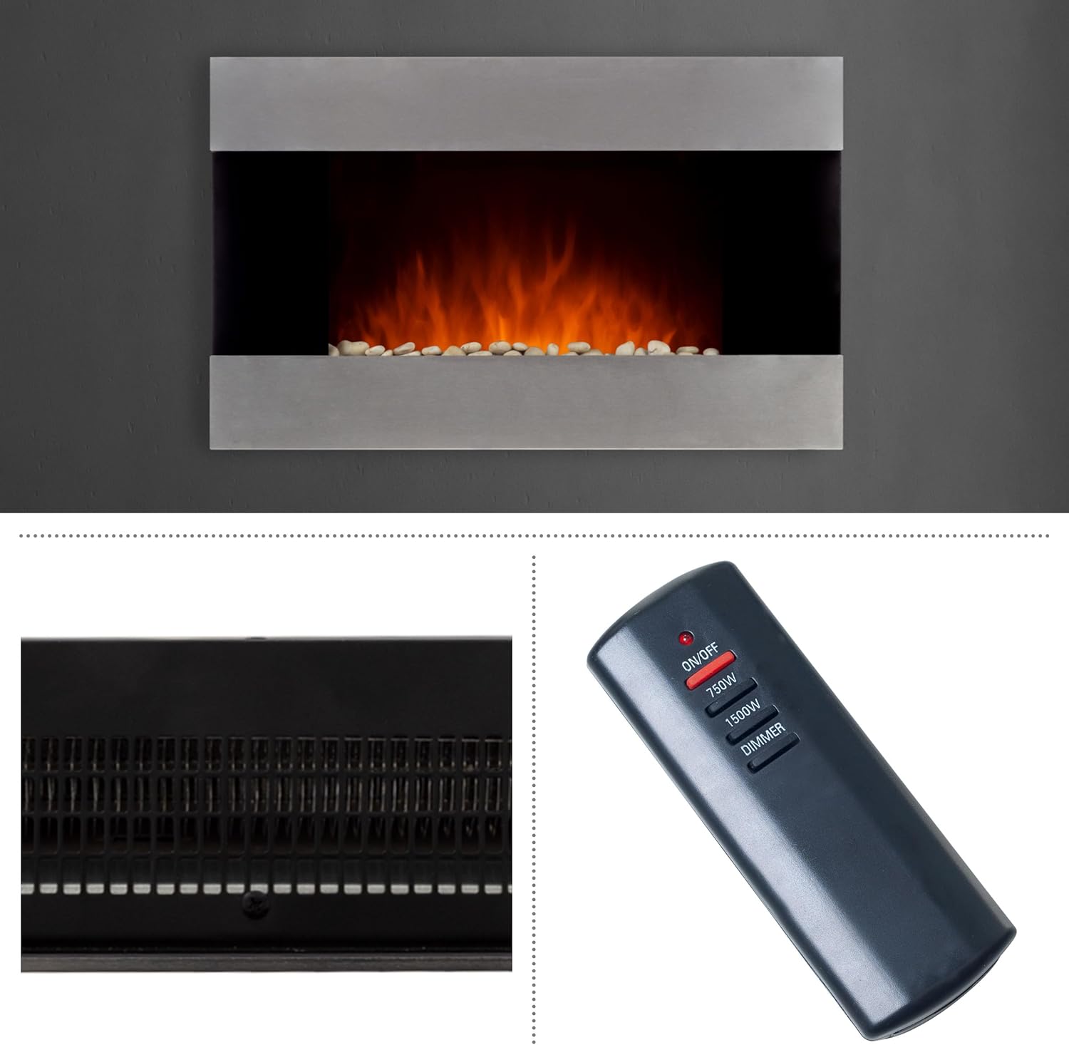 36-Inch Wall Mounted Electric Fireplace - Modern Stainless-Steel Fireplace with Floor Stand, Remote, and Adjustable Heat and Brightness by Northwest