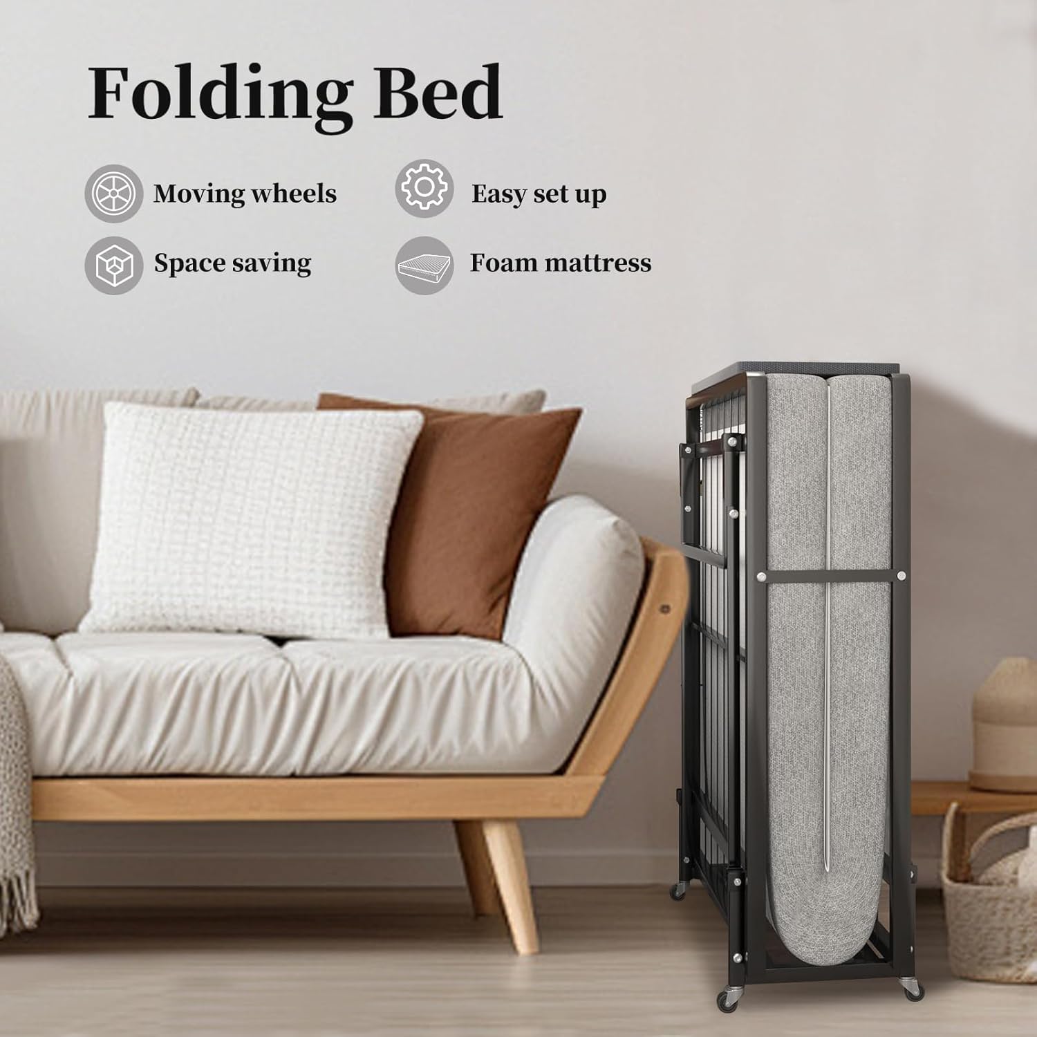 Folding Bed with 4-Inch Mattress, Metal Cot Size Rollaway Bed for Adults, Fold up Guest Bed on Wheels, 350-Pound Capacity
