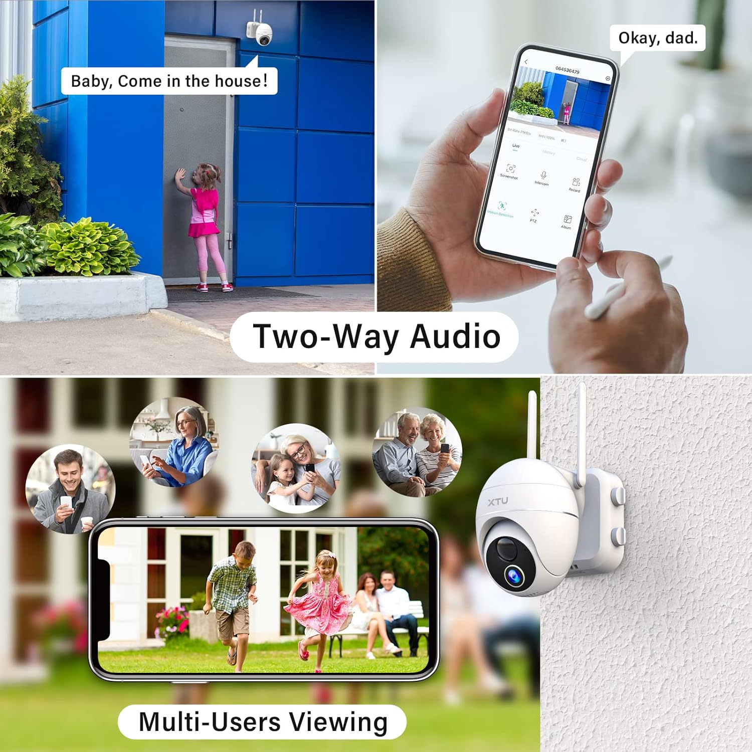Solar Security Camera Outdoor, XTU Wireless WiFi 360° Camera Outdoor, Rechargeable Solar Powered Camera, Home Surveillance Camera with 1080P Night Vision, PIR Motion Detection, 2 Way Audio, IP66