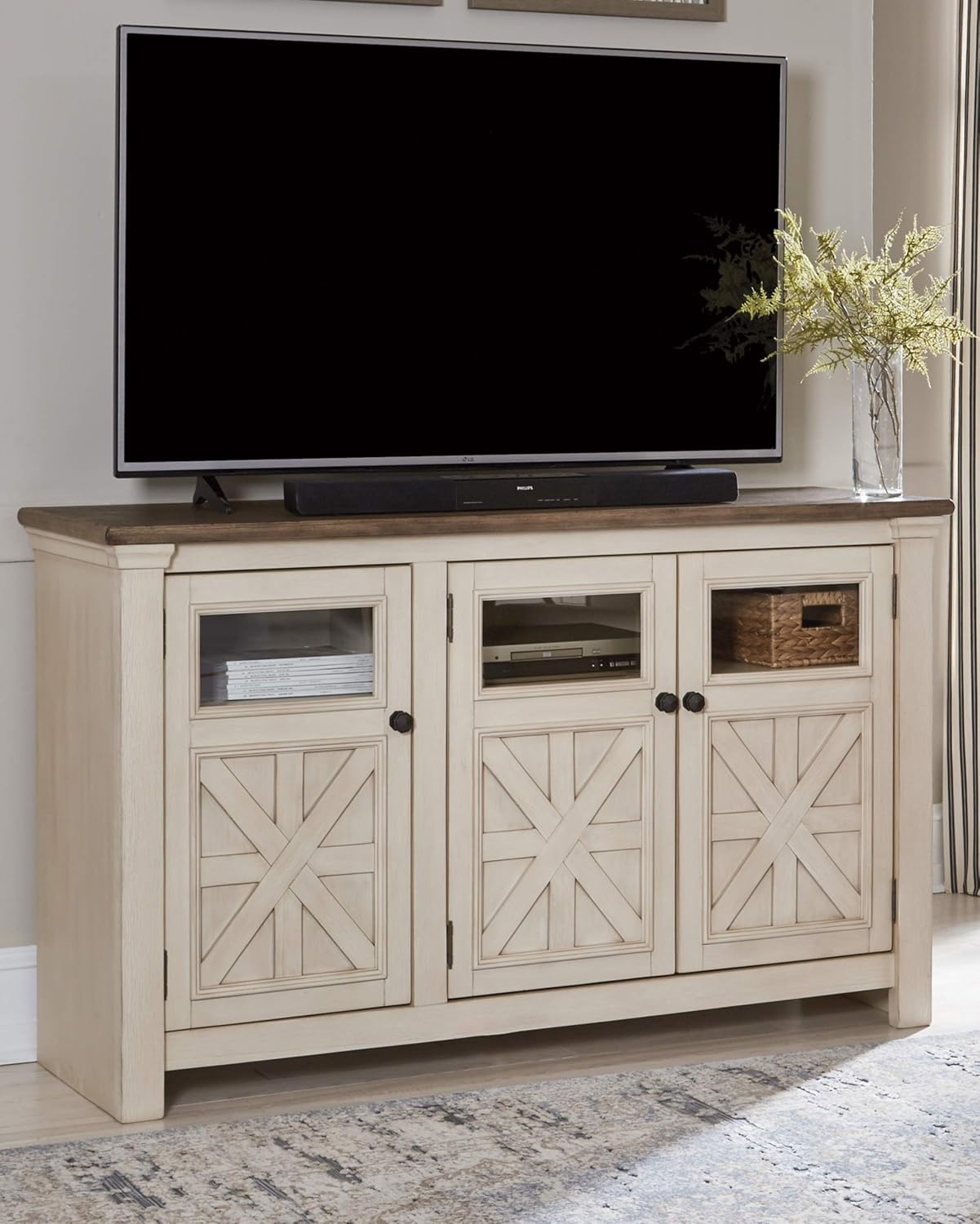 Signature Design by Ashley Bolanburg Two Tone Farmhouse TV Stand, Fits TVs up to 72, 3 Cabinets and Adjustable Storage Shelves, Whitewash