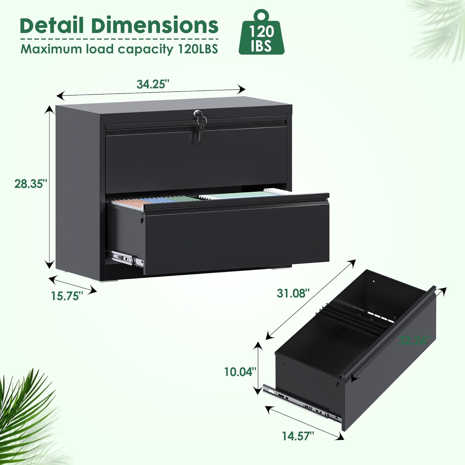 Metal Lateral File Cabinet, 2 Drawer Filing Cabinet with Lock, Ins Design Home Office Storage File Cabinet for Letter/Legal/A4 Size, Assembly Required