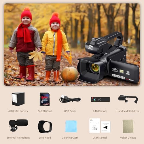 Camcorder Video Camera 6K 64MP IR Night Vision Vlogging Camera for YouTube 18X Digital Zoom 4.0" Touch Screen Digital Camera with WiFi, Microphone, Charger, Stabilizer, Remote Control and 64G SD Card