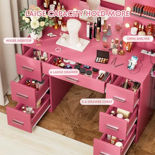 Vanity Desk with LED Lighted Mirror&Power Outlet, 3 Model Lights Makeup Vanity Table with 7 Drawers and 6 Storage Shelves for Bedroom and Dressing Room (Black)