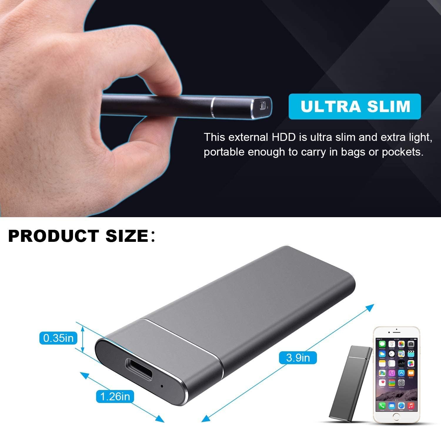 External Hard Disk 2TB Ultra Thin Hard Disk usb3 1 Portable Hard Disk Compatible with Laptop Desktop 2T - Black