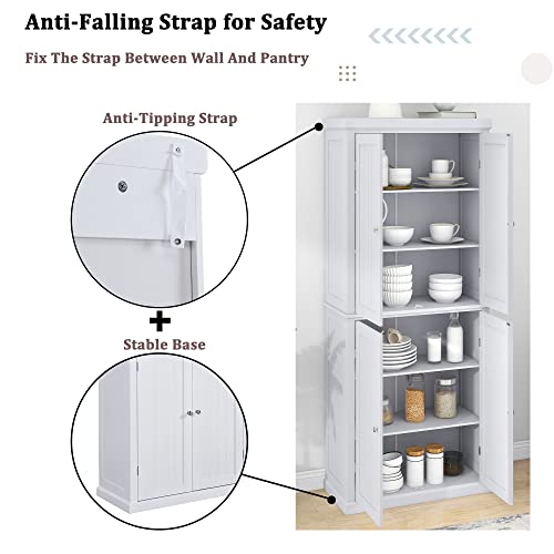 Kitchen Pantry Cabinet, 72.4-inch Tall Storage Cabinet with 4 Doors and Adjustable Shelves, Freestanding Cupboard Utility Pantry for Home Office, Each Shelves Capacity 110lbs, White