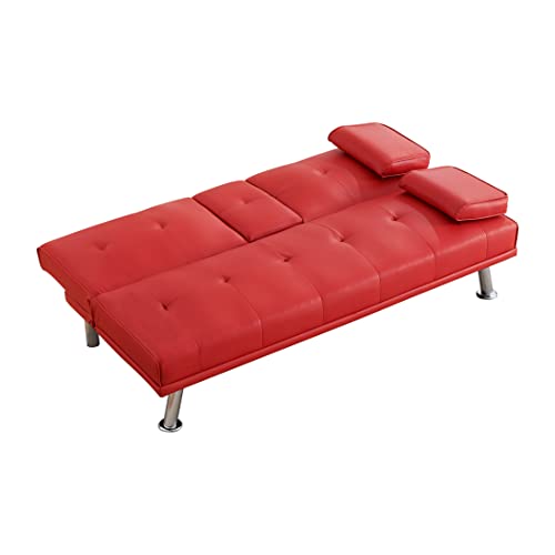 Convertible Folding Futon Sofa Bed - Faux Leather Upholstered Loveseat with Removable Armrests, Metal Legs, Cup Holders - Ideal for Living Room,Red