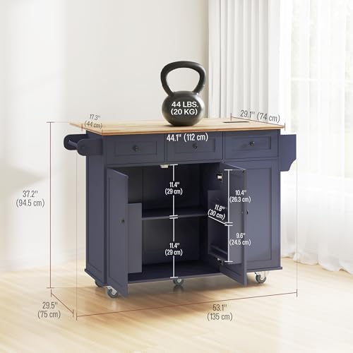 HOMCOM Rolling Kitchen Island with Power Outlet and Drop Leaf, 53" Island Table with Wood Top, 3 Drawers, Adjustable Shelf, Spice & Towel Rack, Kitchen Cart on Wheels, White