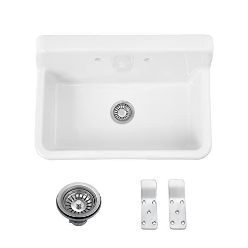 ELLAI White Ceramic Farmhouse Kitchen Sink 24"x19"x16.5" Farm Style Wall Mount Utility Sink High Back Floating Bathroom Sink Wall Mounted Laundry Sink with 8 Inch Center Faucet Chrome with Soap Tray