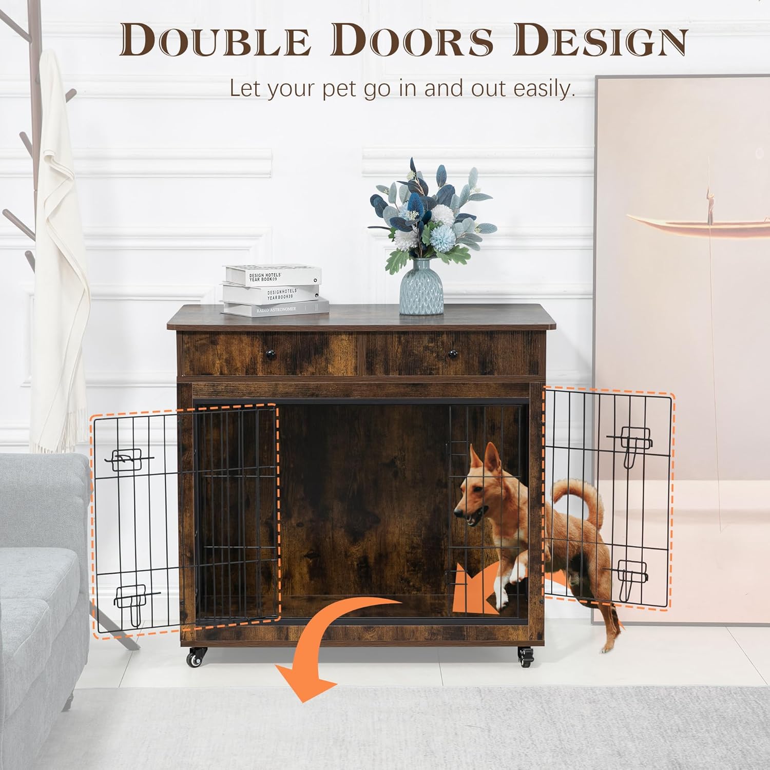 Yehha Cabinet Crate Furniture with Storage Drawer-Wheels, Wooden Kennel with 2 Doors, Steel-Tube Frame & Waterproof Table Top, Ider for Medium Small Large Dog, Brown, Full