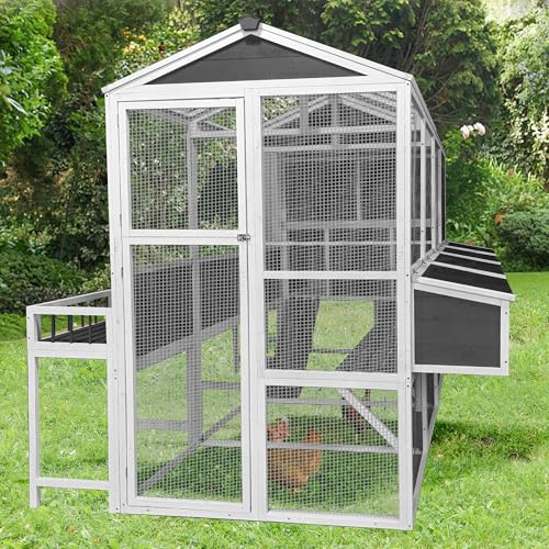 95''X80''X83'' Wooden Chicken Coop with Run – 3-Tier Walk-in Poultry House for 8-10 Chickens, Nesting Boxes, Pull-Out Trays & Rainproof Cedar Design – Gray Outdoor Backyard Cage