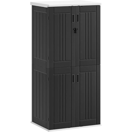 YITAHOME Outdoor Storage Cabinet with 2 Shelves, Waterproof Resin Horizontal Tool Shed, Lockable 15 cu. ft. Storage Shed for Patio, Garden, Yard, Dark Gray