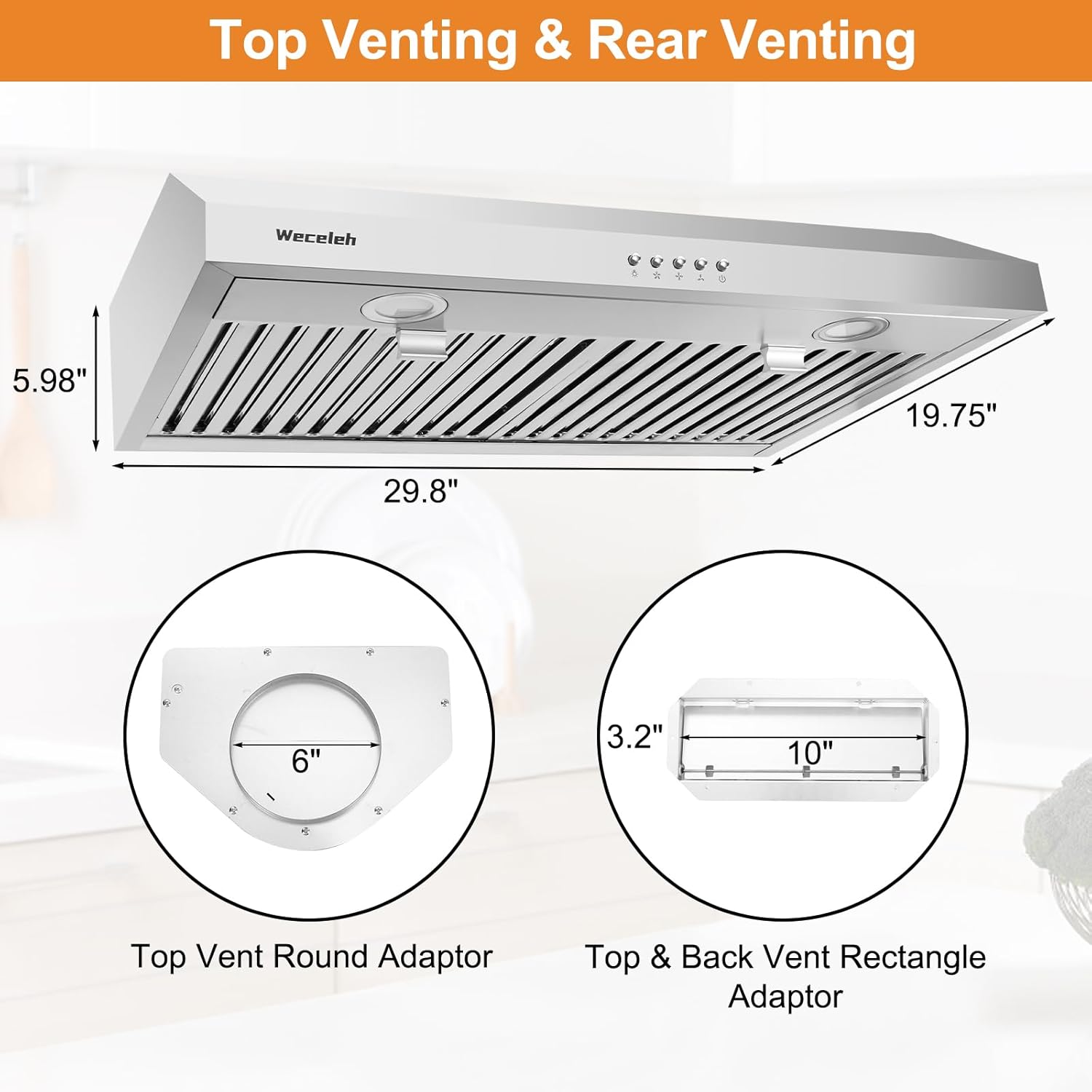 Range Hood 30 Inch Under Cabinet Range Hood,Stainless Steel Kitchen Hood,Ductless/Ducted Convertible,with Top/Rear Vent,3-speed Button control,600CFM,Baffle Filters,2 LED Lights