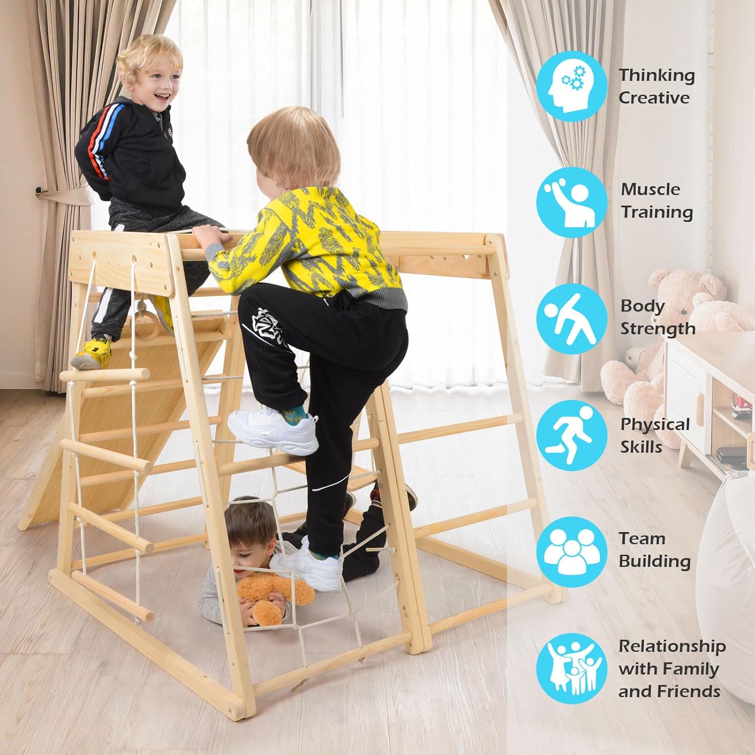 Indoor Playground,Toddler Montessori Wood Playset 9-in-1 with Slide, Basketball, Swing, Jungle Gym, Swedish Ladder, Monkey Bars, Rope Ladder, Rock Wall Dome for Kid Ages 1-6 New