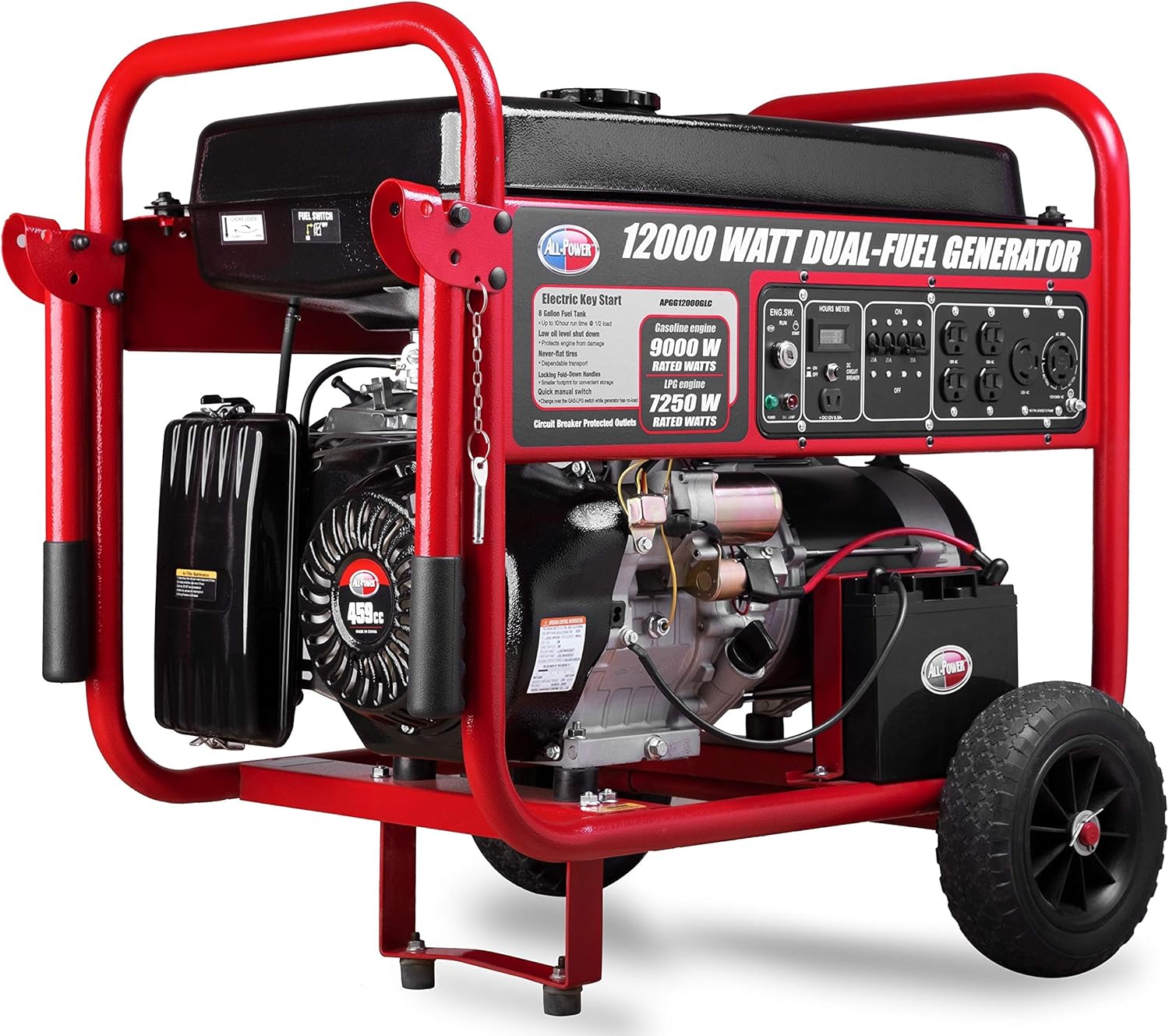 All Power America APGG12000GL 12000 Watt Dual Fuel Portable Generator with Electric Start 12000W Gas/Propane, 50A 120/240V AC Outlet, Black/Red