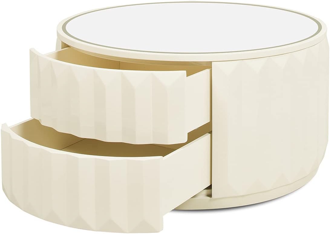 Jennifer Taylor Home JTH LUXE Wilson 35.5" Round Storage Coffee Table, White Lacquer Birchwood
