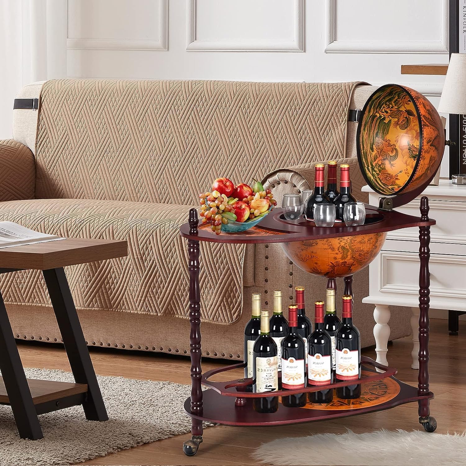 Globe Bar, 34.5’’ Wine Bar Cart with Wheels, 2 Storage Shelves & Old World Map, 16th Century Italian Replica Globe Liquor Cabinet, Wood Bar Stand for Dining Room Living Room Home