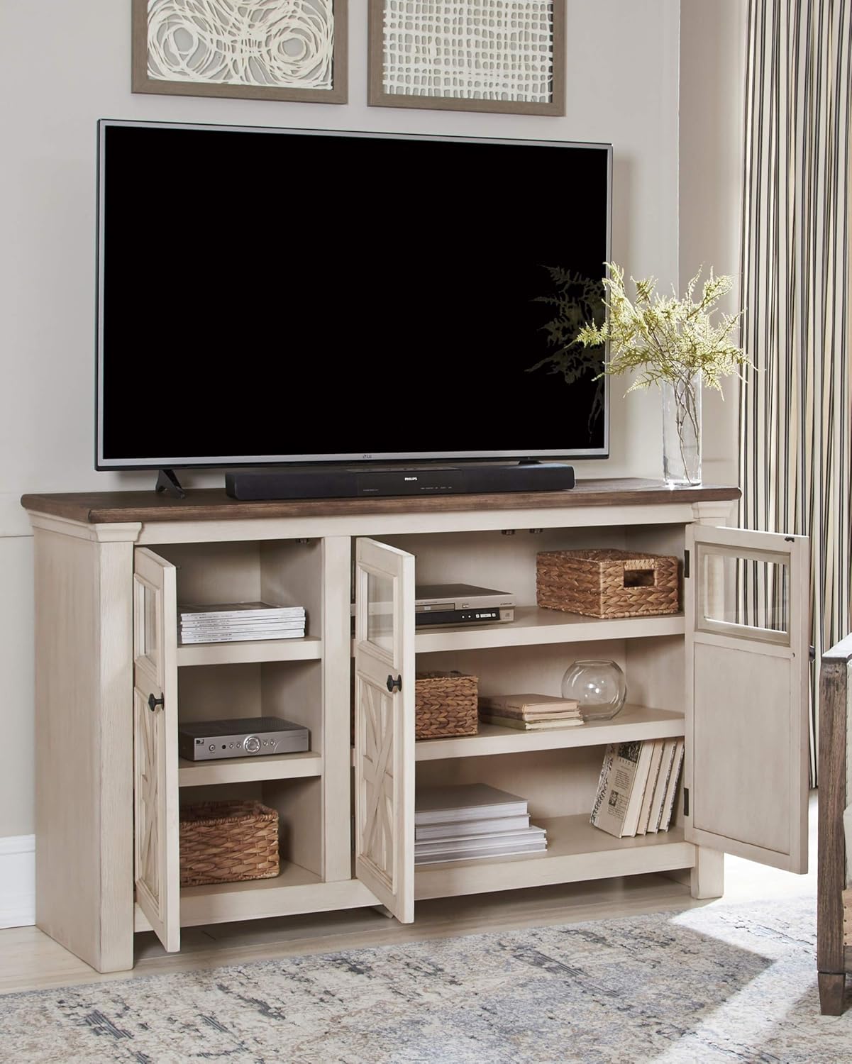 Signature Design by Ashley Bolanburg Two Tone Farmhouse TV Stand, Fits TVs up to 72, 3 Cabinets and Adjustable Storage Shelves, Whitewash