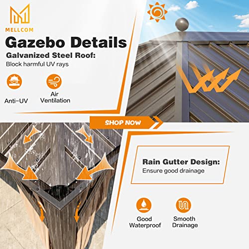 MELLCOM 12'x16' Hardtop Gazebo, Galvanized Steel Metal Double Roof Canopy with Curtains and Netting, Brown Permanent Pavilion Gazebos with Aluminum Frame for Garden, Patio, Lawns, Deck