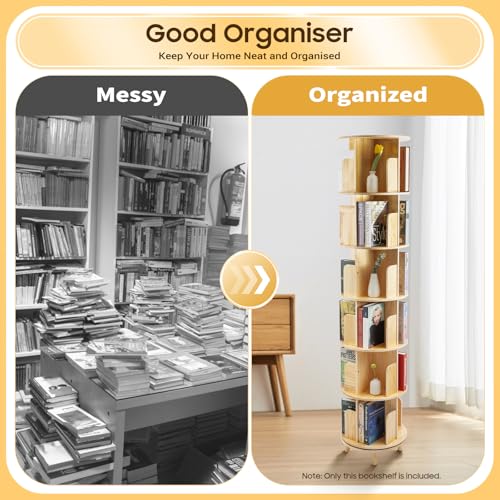 Rotating Bookshelf, 360 Display 4 Tier Floor Standing Bookcase Storage Rack for Kids&Adult, Corner Bookshelf, Wood Narrow Book Shelf Organizer for Bedroom, Living Room, Study Room, (4 Tier)
