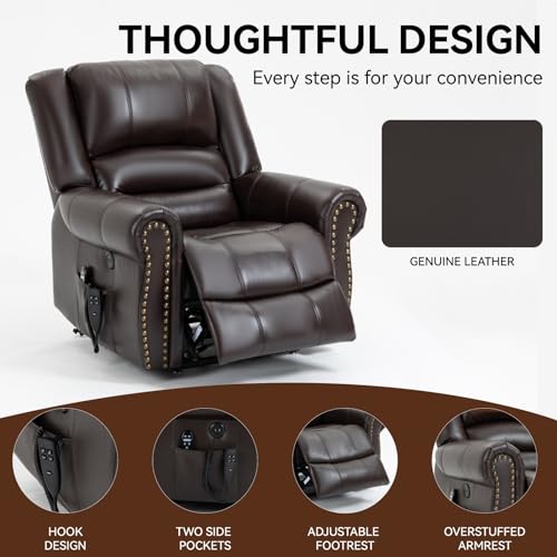 Dual Motor Power Lift Chair, Lay Flat Recliner Chair, Electric Recliner with Massage and Heat for Elderly, Remote Control, Infinite Position, Standing Assistance, USB Ports, Faux Leather, Brown