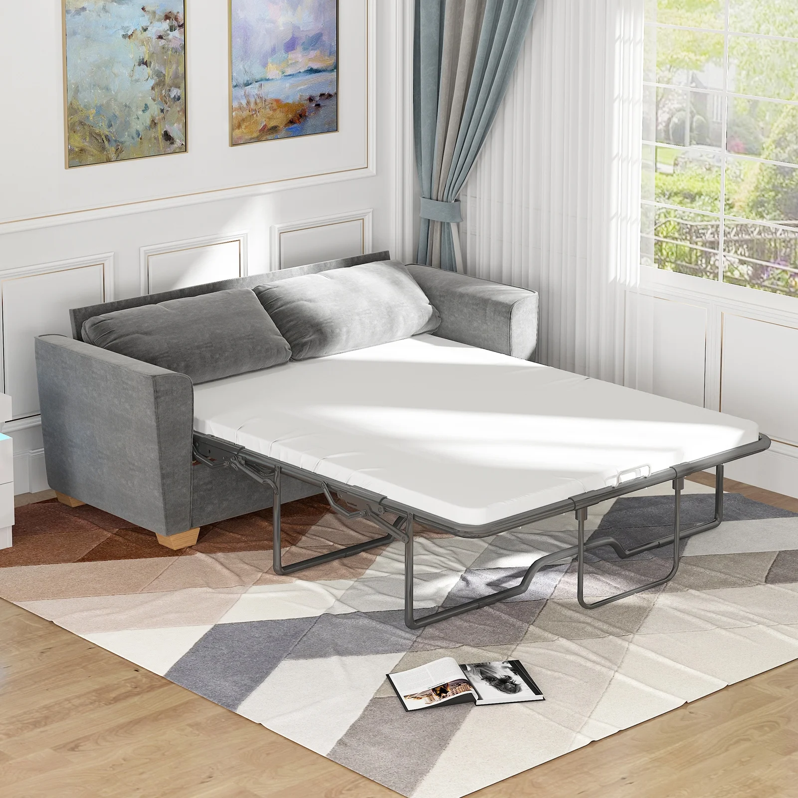 MUZZ Full Size Pull Out Sofa Bed, Velvet Sofa Couvh with Pull Out Bed, Sleeper Sofa Couch with Foam Mattress, 2-in-1 Sleeper Couch Bed for Living Room/Apartment/Small Spaces (Grey)