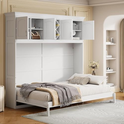 MERITLINE Queen Horizontal Murphy Bed Cabinet with Storage Bookcase Shelves and Charging Station,Wood Folding Grey Murphy Wall Bed for Adult