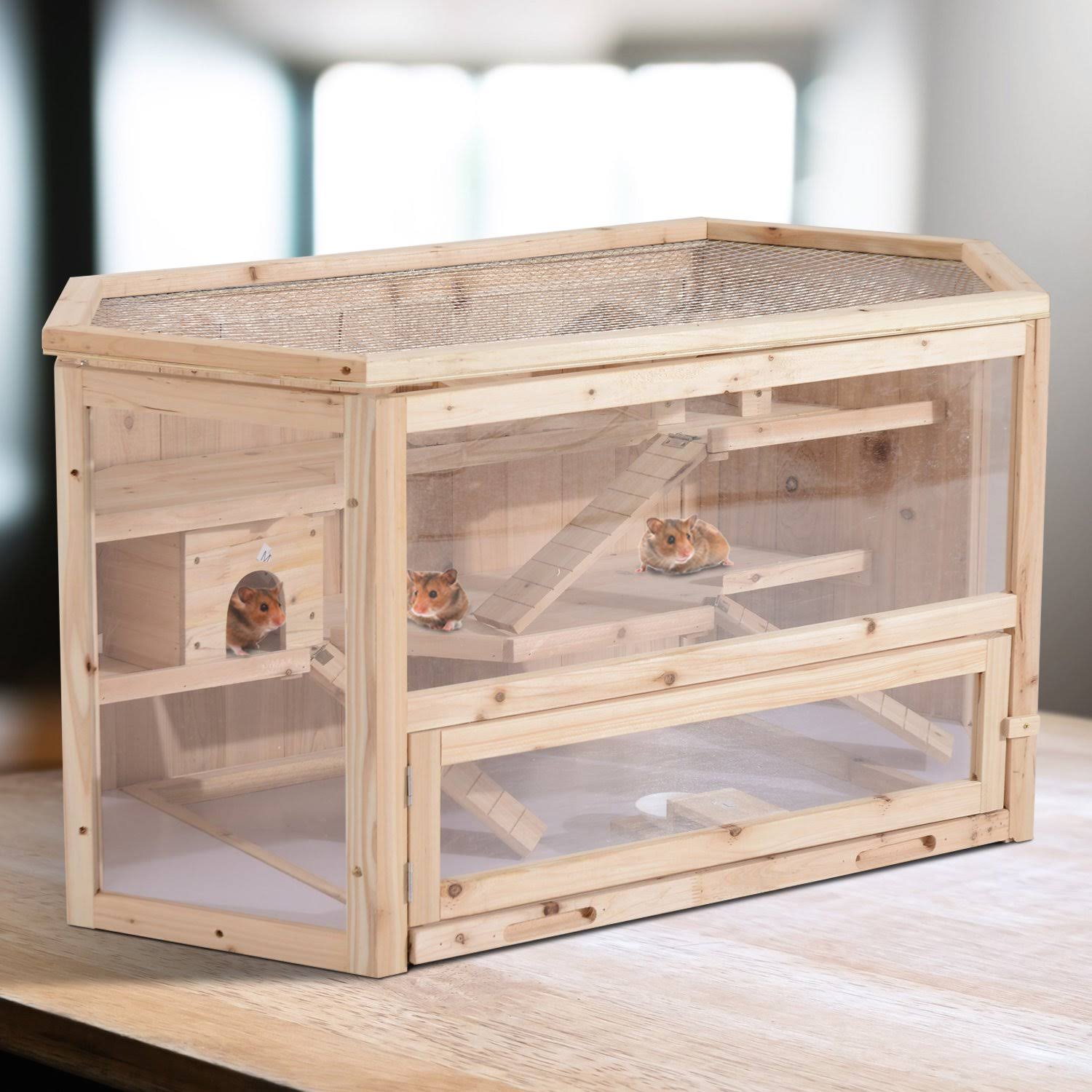 PawHut Large Wooden Hamster Cage Rodent Mouse Pet Small Animal Kit Hut Box