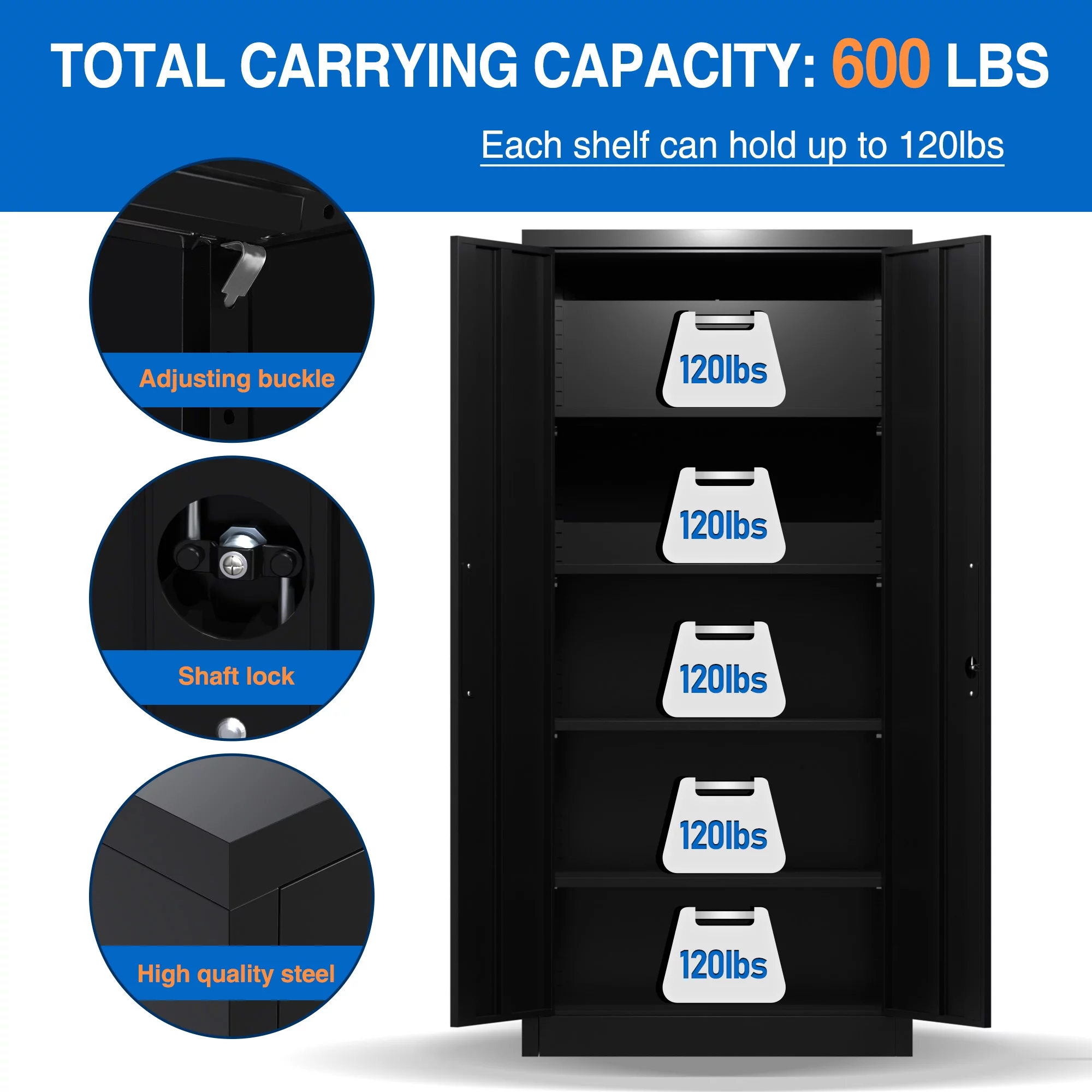 GangMei Metal Storage Cabinet, Metal Garage Cabinet with Lockable Doors and Shelves, Office Cabinet for Home Office, Garage and Utility Room,Assemble Required (Doouble Handles, Black)