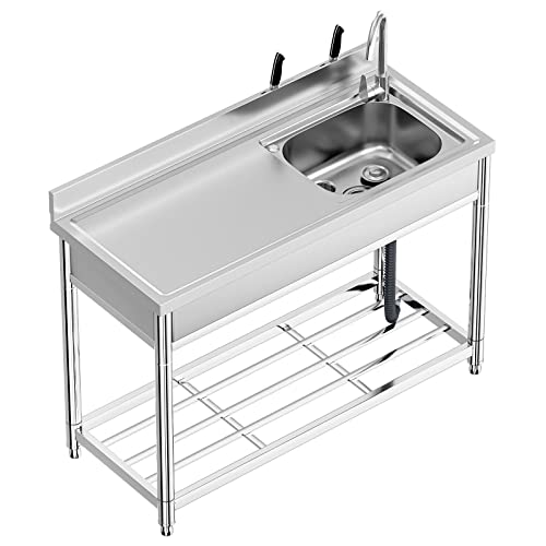 Free Standing Stainless-Steel Single Bowl Commercial Restaurant Kitchen Sink Set w/Faucet, Prep & Utility Washing Hand Basin w/Storage Shelve, laundry tub for Indoor Outdoor (22in)
