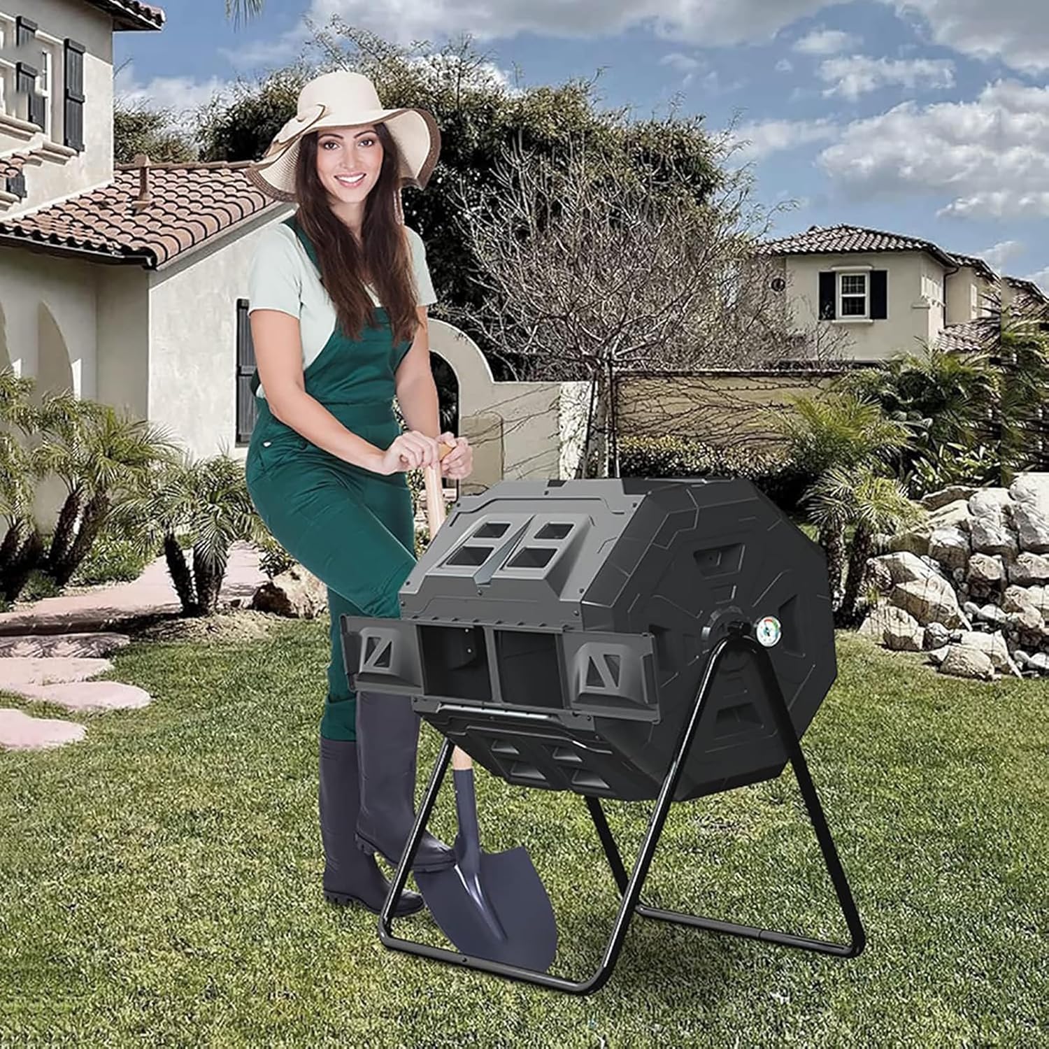 Outdoor Compost Bin, 160L Tumbling Compost Bin Outdoor Dual Chamber 360° Rotating Composter with Thermometer and Dual Chamber Sliding Doors, for Fast Creation of Fertile Soil