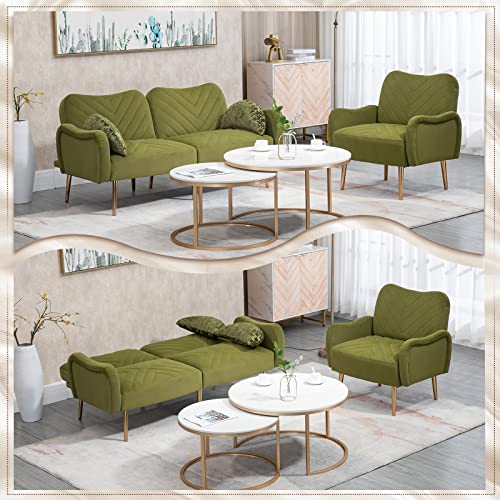Modern Velvet Futon Sofa Bed, Convertible Loveseat with 2 Crescent-shaped Pillows, Small Sleeper Sofa with 3 Adjustable Positions, Upholstered Living Room Couch with 7 Metal Tapered Legs, Beige