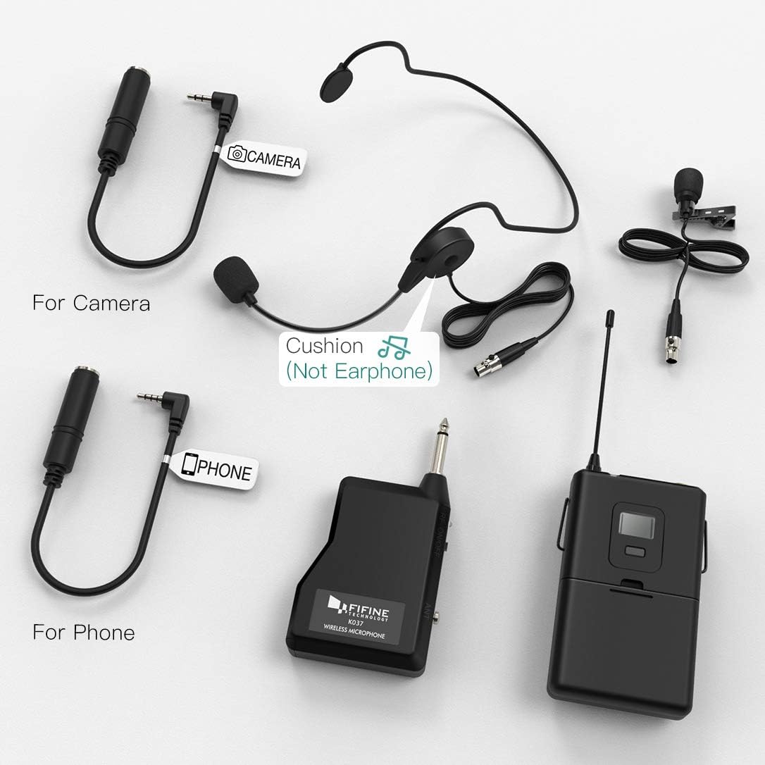 FIFINE Wireless Microphone System, Wireless Microphone Set with Headset and Lavalier Lapel Mics, Beltpack Transmitter and Receiver,Ideal for Teaching, Preaching and Public Speaking Applications-K037B