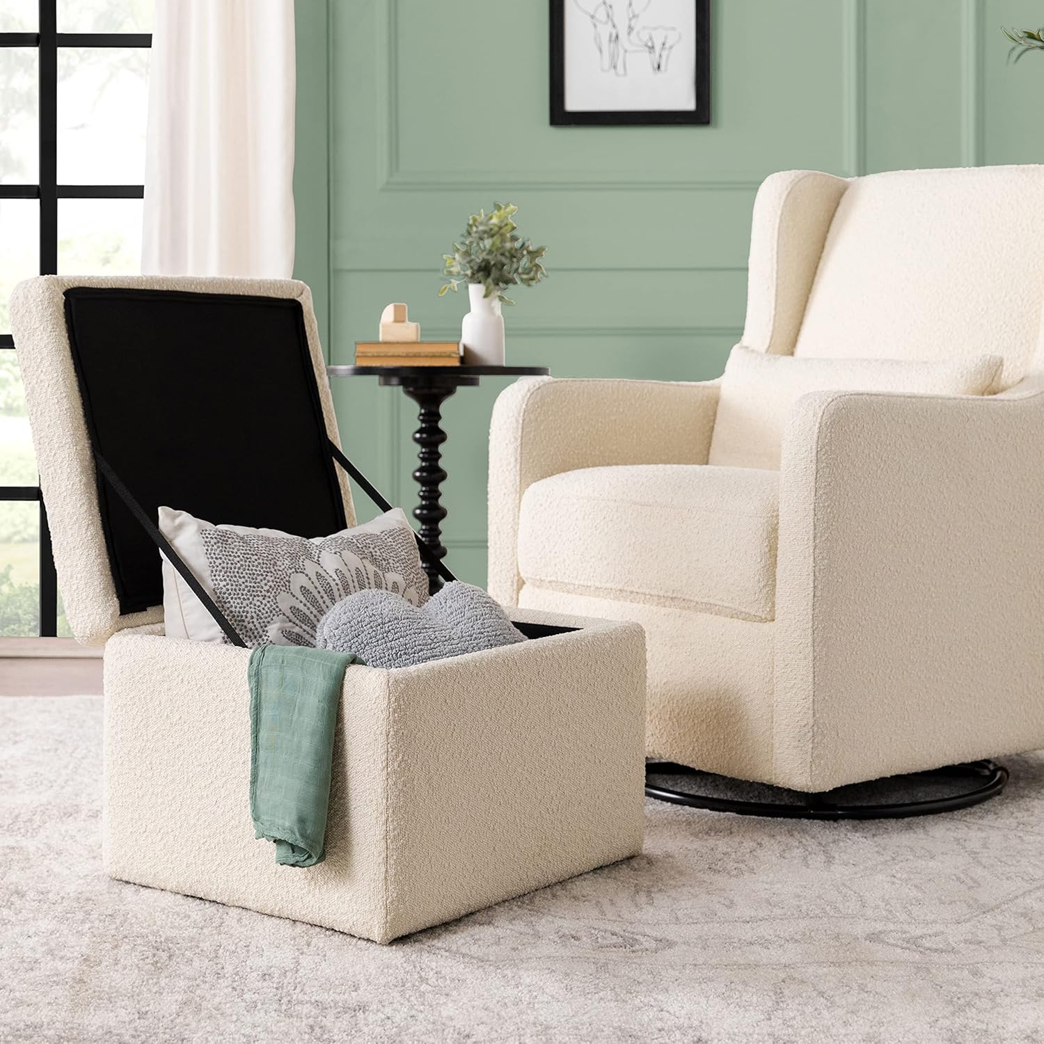 Carter's by DaVinci Adrian Swivel Glider with Storage Ottoman in Ivory Boucle, Greenguard Gold & CertiPUR-US Certified