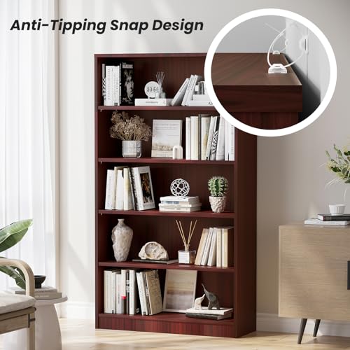 Farini 5 shelf boockase Display Bookcase Freestanding Wooden Bookshelves for Home Office Living Room,60 Inch Height,Cherry