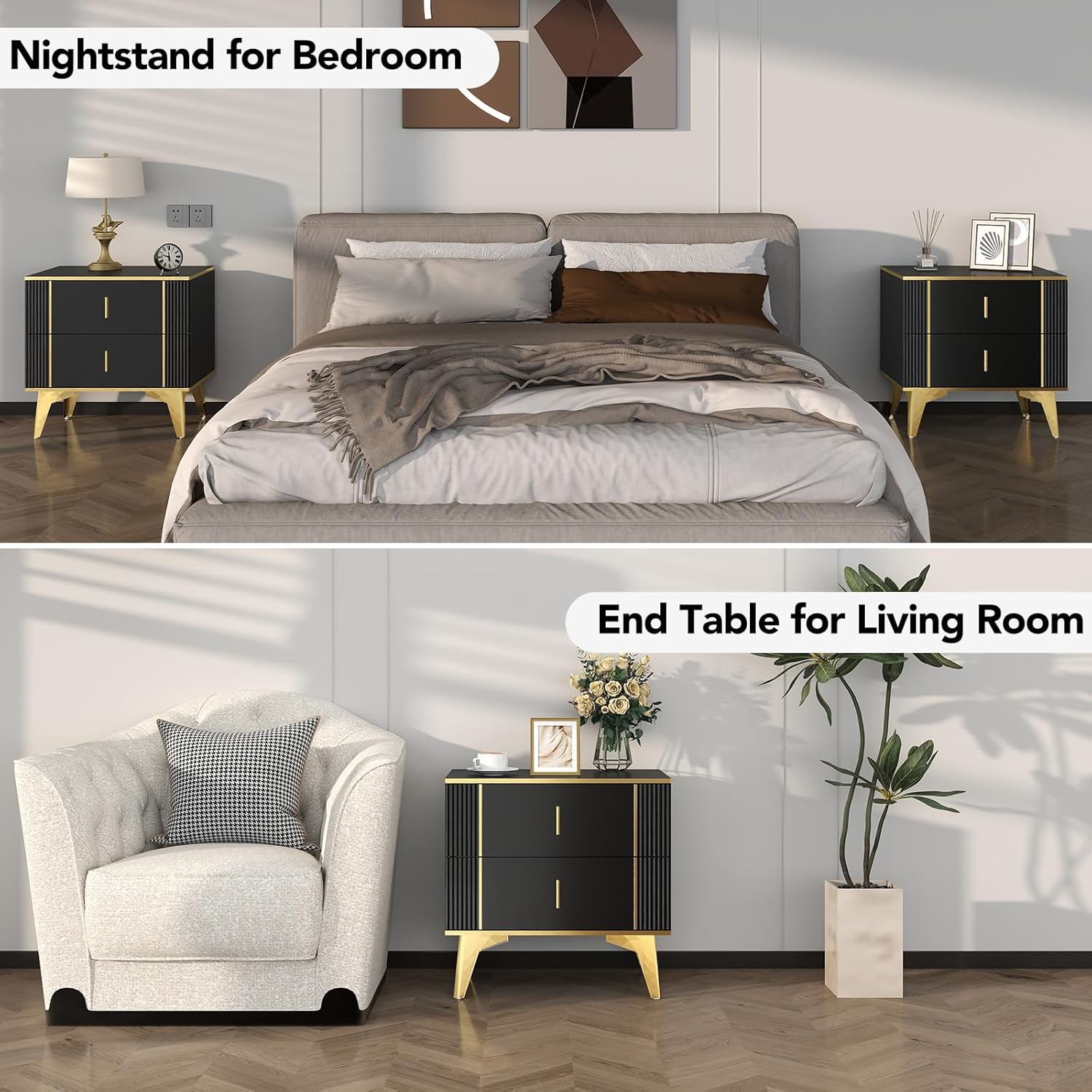 Wakefit Nightstands Set of 2, Light Luxury Bedside Table with 2 Wood Drawers, End Tables with Metal Handles and Metal Legs for Bedroom, Stripe Double (Black)
