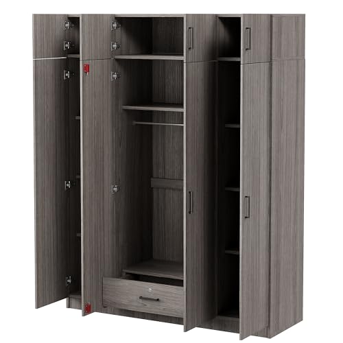 Wardrobe Armoire with 4 Doors, Four-Door Design Mirror Wardrobe with Shelves, Drawers and Hanging Rod, Built-in Dressing Mirror, 68" H Freestanding Wardrobe Cabinet